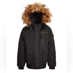 Diesel Boys Black Parka 5/6 Warm Jacket With Faux fur